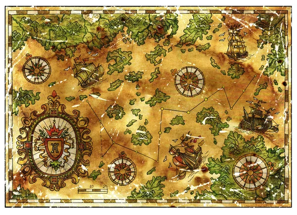 Old pirate treasures map with baroque banner and ancient vessels. Decorative antique background with nautical chart, adventure treasures hunt concept, watercolor hand drawn illustration