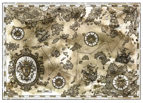 Antique pirate map with treasure islands, baroque banner, old ships with texture. Decorative antique nautical chart, collage with hand drawn illustration