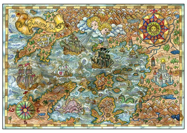 Old map of fantasy lands with pirate ships, monsters, castles, treasure islands. Decorative antique nautical chart, collage with hand drawn illustration