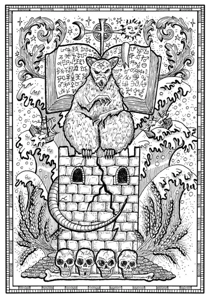 Rat symbol in frame. Scary mouse sitting on tower with book and mystic signs. Fantasy engraved illustration for t-shirt, print, card, tattoo design. Zodiac animals of eastern calendar,mysterious monochrome background.