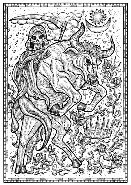 Bull symbol in frame. Ox with death skeleton, crown and mystic signs. Fantasy engraved illustration for t-shirt, print, card, tattoo design. Zodiac animals of eastern calendar,mysterious monochrome background.