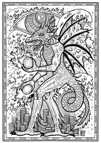 Dragon symbol in frame. Monster with demon wings, waves, fire balls and treasures against big eye. Fantasy engraved illustration for t-shirt, print, card, tattoo design. Zodiac animals of eastern calendar, mysterious monochrome background.
