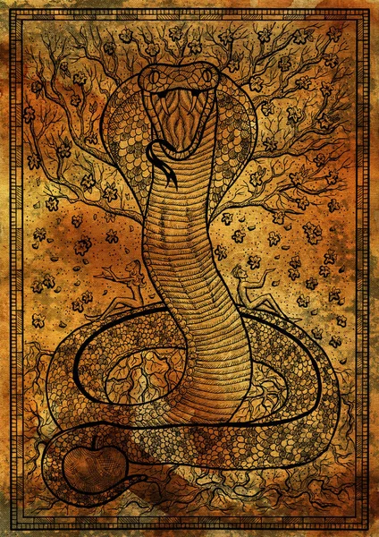 Snake symbol with Eve, Adam, tree of knowledge and flowers on antique texture background. Fantasy engraved illustration. Zodiac animals of eastern calendar, mysterious concept