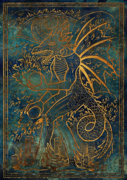 Golden Dragon symbol on blue texture background. Monster with demon wings, waves, fire balls and treasures against big eye. Fantasy engraved illustration. Zodiac animals of eastern calendar, mysterious concept