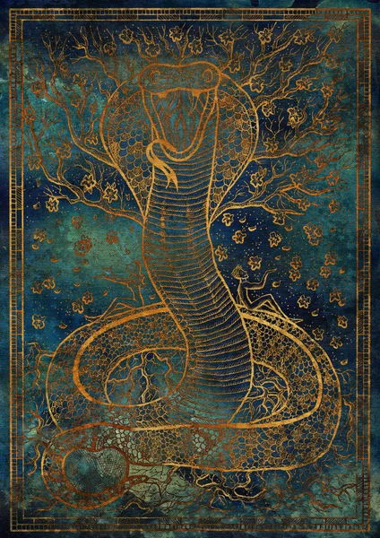 Gold Snake symbol with Eve, Adam, tree of knowledge and flowers on blue texture background. Fantasy engraved illustration. Zodiac animals of eastern calendar, mysterious concept