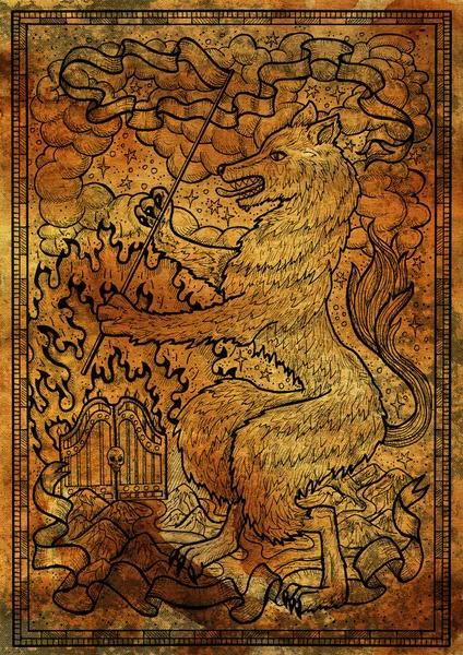 Dog symbol with heraldic decorations, hell gate and vignette ribbons on antique texture background. Fantasy engraved illustration. Zodiac animals of eastern calendar, mysterious concept