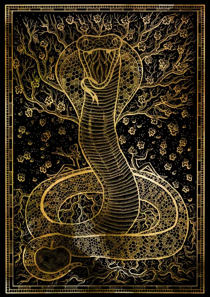 Snake symbol with Eve, Adam, tree of knowledge and flowers on black texture background. Fantasy engraved illustration. Zodiac animals of eastern calendar, mysterious concept