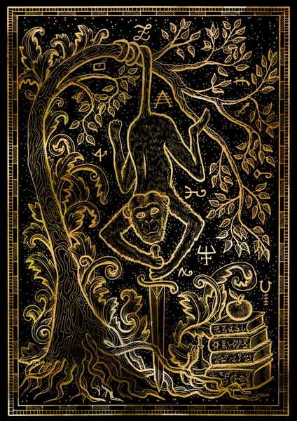 Monkey symbol with sword, books, baroque decorated tree and mystic signs on black texture background. Fantasy engraved illustration. Zodiac animals of eastern calendar, mysterious concept