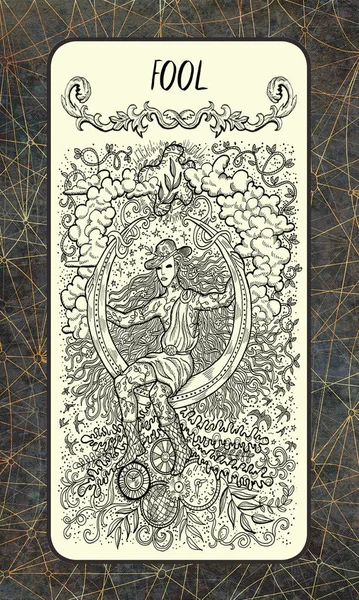 Fool. Major Arcana tarot card. The Magic Gate deck. Fantasy engraved illustration with occult mysterious symbols and esoteric concept, vintage background