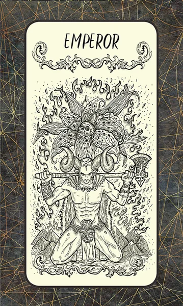 Emperor. Major Arcana tarot card. The Magic Gate deck. Fantasy engraved illustration with occult mysterious symbols and esoteric concept, vintage background