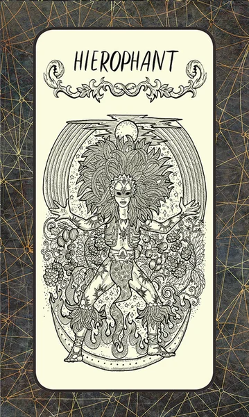 Hierophant. Major Arcana tarot card. The Magic Gate deck. Fantasy engraved illustration with occult mysterious symbols and esoteric concept, vintage background