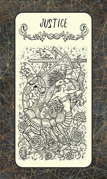 Justice. Major Arcana tarot card. The Magic Gate deck. Fantasy engraved illustration with occult mysterious symbols and esoteric concept, vintage background