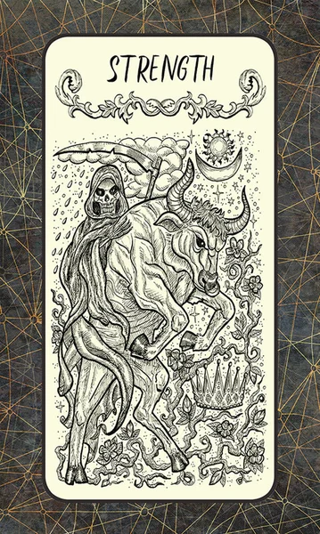 Strength. Major Arcana tarot card. The Magic Gate deck. Fantasy engraved illustration with occult mysterious symbols and esoteric concept, vintage background