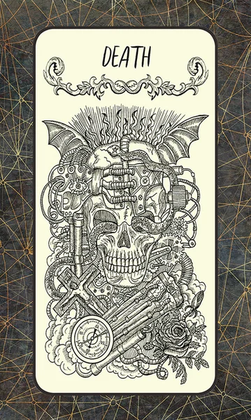 Death. Major Arcana tarot card. The Magic Gate deck. Fantasy engraved illustration with occult mysterious symbols and esoteric concept, vintage background