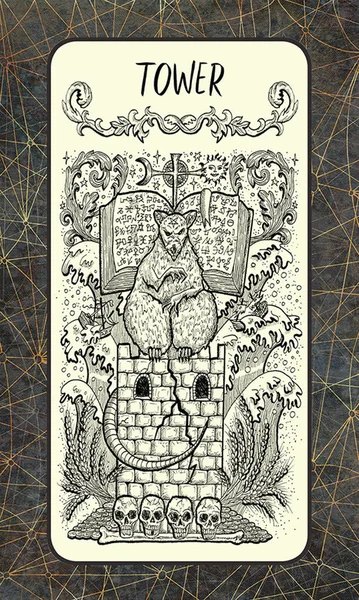 Tower. Major Arcana tarot card. The Magic Gate deck. Fantasy engraved illustration with occult mysterious symbols and esoteric concept, vintage background