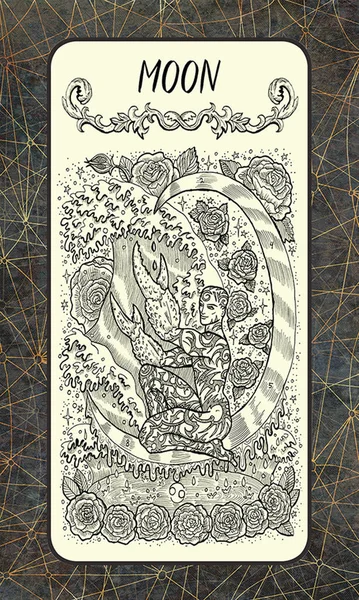 Moon. Major Arcana tarot card. The Magic Gate deck. Fantasy engraved illustration with occult mysterious symbols and esoteric concept, vintage background