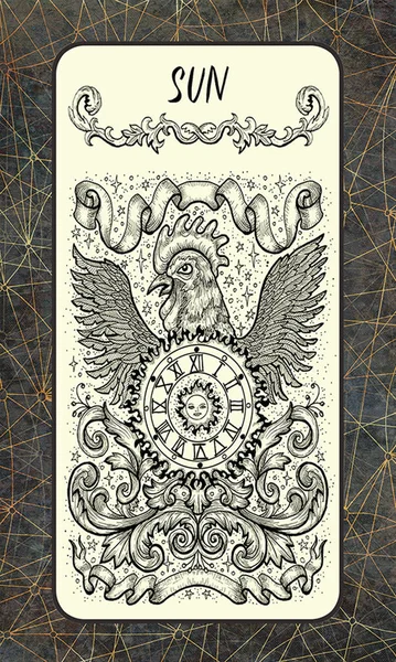Sun. Major Arcana tarot card. The Magic Gate deck. Fantasy engraved illustration with occult mysterious symbols and esoteric concept, vintage background