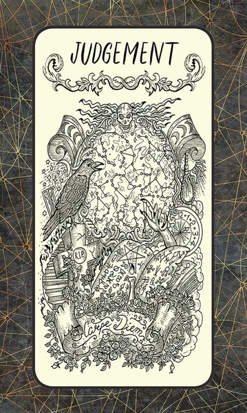 judgement. Major Arcana tarot card. The Magic Gate deck. Fantasy engraved illustration with occult mysterious symbols and esoteric concept, vintage background