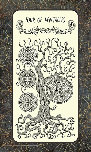 Four of pentacles. Minor Arcana tarot card. The Magic Gate deck. Fantasy engraved illustration with occult mysterious symbols and esoteric concept, vintage background