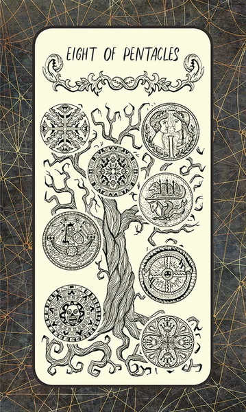 Eight of pentacles. Minor Arcana tarot card. The Magic Gate deck. Fantasy engraved illustration with occult mysterious symbols and esoteric concept, vintage background