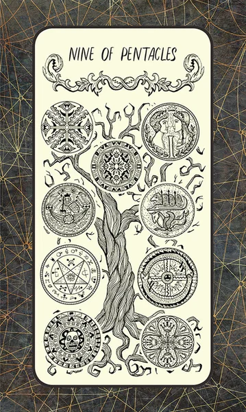Nine of pentacles. Minor Arcana tarot card. The Magic Gate deck. Fantasy engraved illustration with occult mysterious symbols and esoteric concept, vintage background