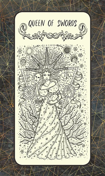 Queen of swords. Minor Arcana tarot card. The Magic Gate deck. Fantasy engraved illustration with occult mysterious symbols and esoteric concept, vintage background