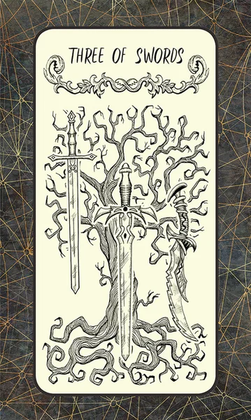 Three of swords. Minor Arcana tarot card. The Magic Gate deck. Fantasy engraved illustration with occult mysterious symbols and esoteric concept, vintage background