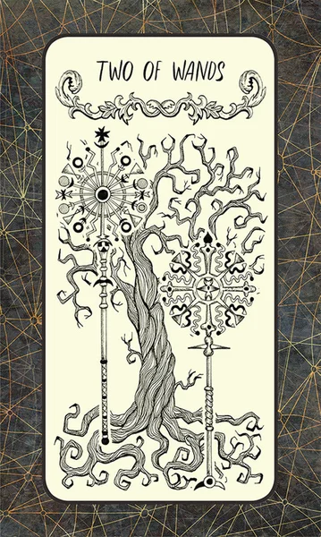 Two of wands. Minor Arcana tarot card. The Magic Gate deck. Fantasy engraved illustration with occult mysterious symbols and esoteric concept, vintage background
