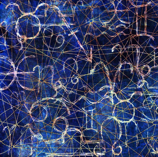 Abstract background with zodiac signs on blue texture. Hand drawn illustration. Occult mystic drawing with horoscope astrology concept