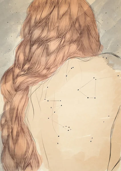 Lány Hátulról Polka Pöttyök Csillagképek Akvarell Illusztráció — Stock Fotó