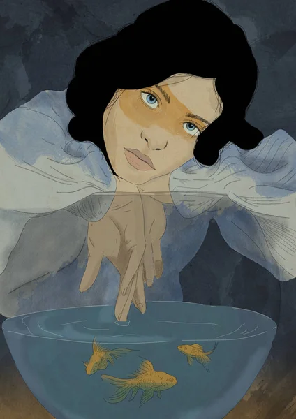 Illustrated Portrait Girl Lying Fishbowl — Stock Photo, Image