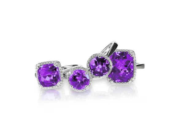 Conjunto de ametrina ametrina roxo anéis jóias preciosas. Grupo pilha ou aglomerado de múltiplos anéis de diamante de pedra preciosa . — Fotografia de Stock