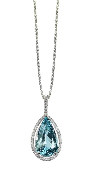 Blue Topaz Diamond drop pear shape gemstone halo necklace on a chain — Stock Photo, Image