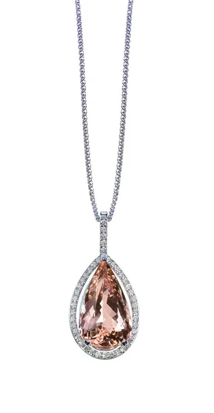 Peach Pink Morganite Diamond drop pear shape gemstone halo pendant necklace on a chain — Stock Photo, Image
