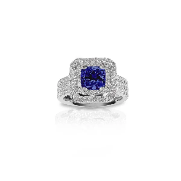 Mavi safir güzel elmas nişan yüzüğü. Değerli taş kare Prenses elmas iki halo ile çevrili kesmek. — Stok fotoğraf