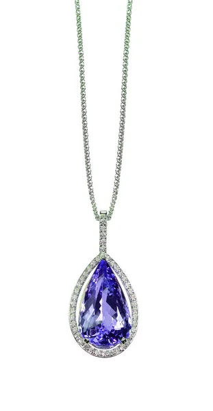 Purple Tanzanite Amethyst Diamond drop pear shape gemstone halo necklace on a chain — Stock Photo, Image