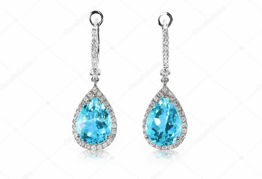 Beautiful Diamond aquamarine blue turquise topaz gemstone cushion cut pear shape teardrop drop dangle diamond earrings.