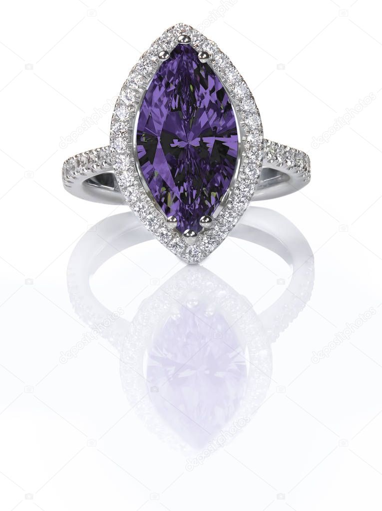 Purple Amethyst Beautiful Diamond Engagement ring. Gemstone Marquise cut surrounded by a halo of diamonds.