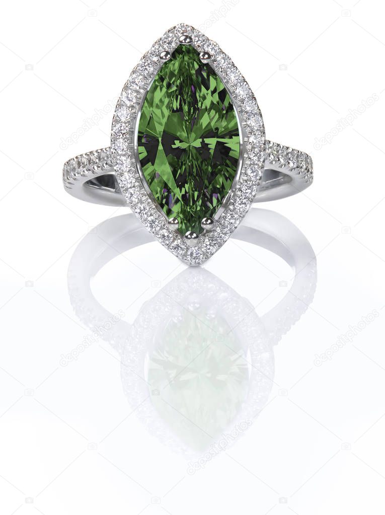 Green Emerald Beautiful Diamond Engagement ring. Gemstone Marquise cut surrounded by a halo of diamonds.