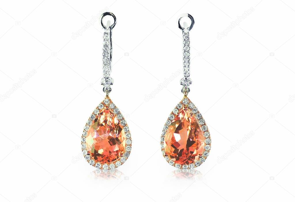Beautiful peach pink morganite Diamond gemstone cushion cut pear shape teardrop drop dangle diamond earrings.