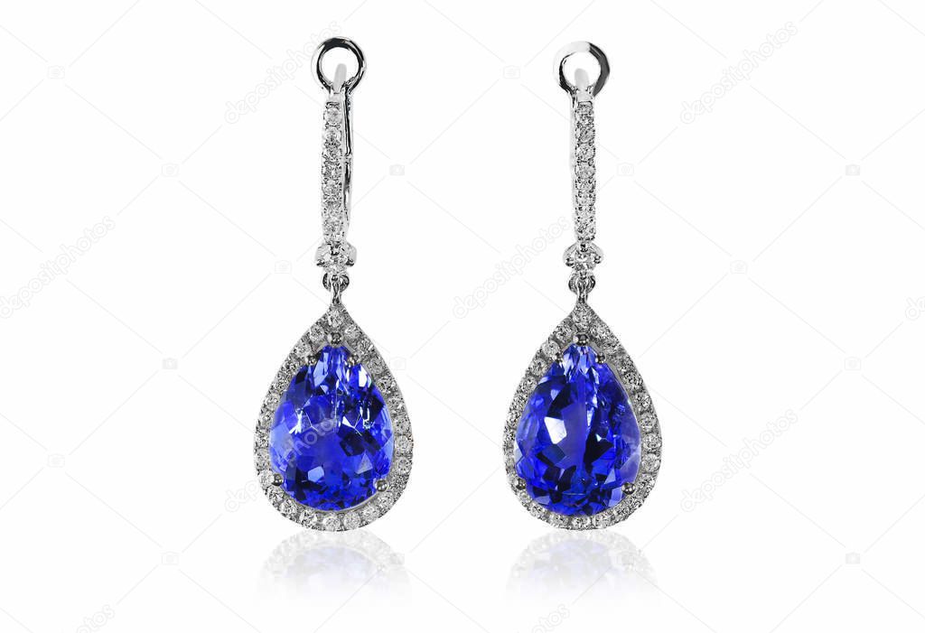 Beautiful Diamond purple gemstone tanzanite amethyst cushion cut pear shape teardrop drop dangle diamond earrings.