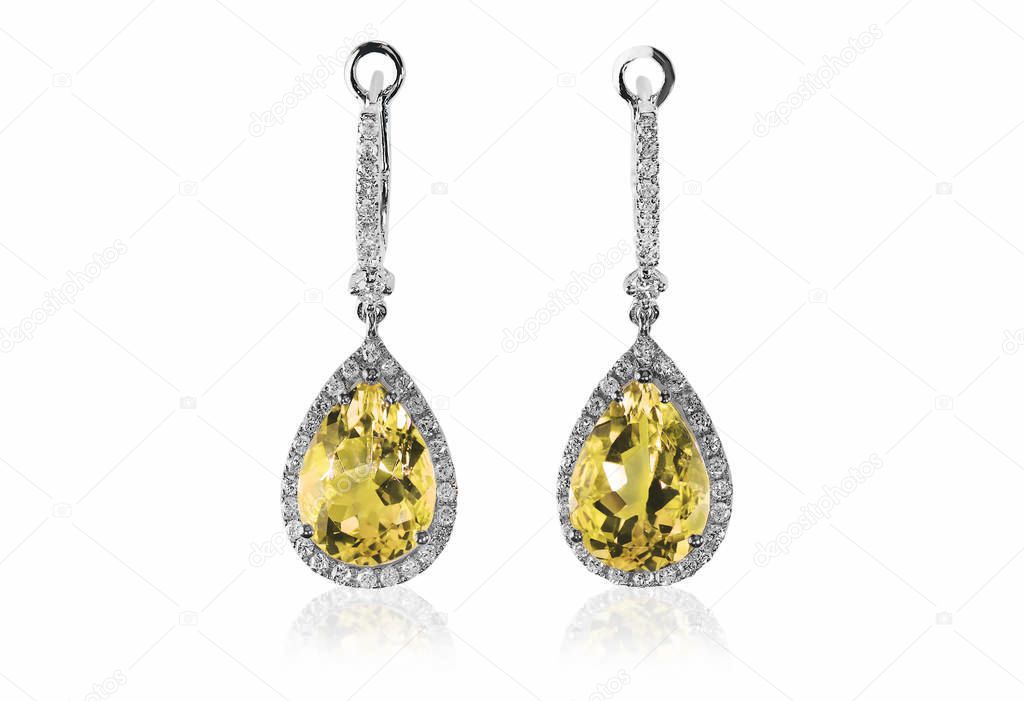 Beautiful Diamond gemstone yellow topaz citrine cushion cut pear shape teardrop drop dangle diamond earrings.