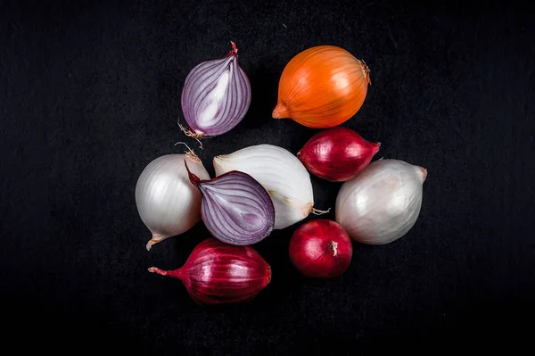 Different Types Onions Black Background — Stock Photo, Image