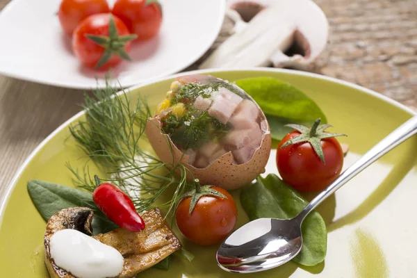 Stuffed Eggs Fresh Vegetables Plate Cutlery — Stock Photo, Image