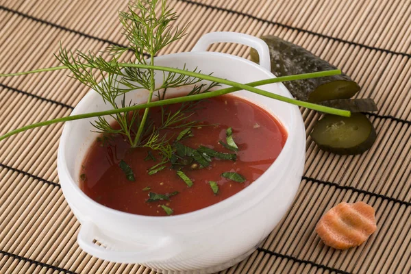 Original Spanische Gazpacho Suppe Auf Dem Mit Dill Dekorierten Teller — Stockfoto