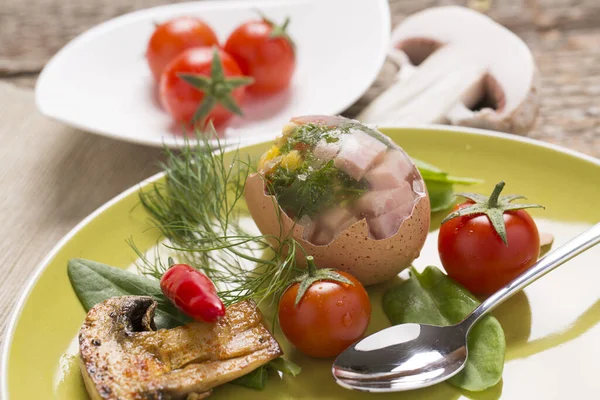 Stuffed Eggs Fresh Vegetables Plate Cutlery — Stock Photo, Image