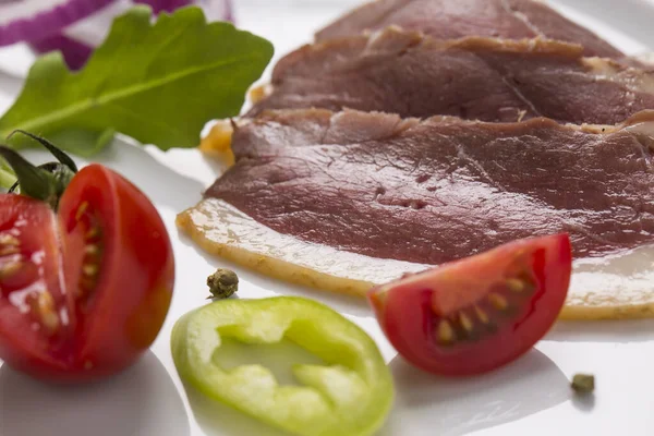 Cold Starter Smoked Ham Liver Bon Bon Decorated Plate Vegetables — Stock Photo, Image