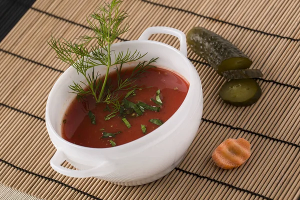 Original Spanische Gazpacho Suppe Auf Dem Mit Dill Dekorierten Teller — Stockfoto