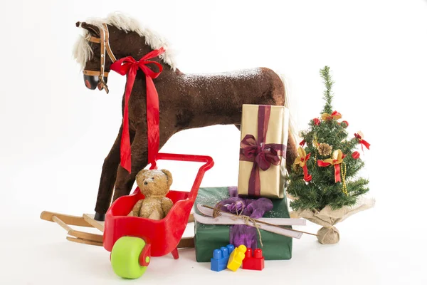 Viejo Estilo Árbol Navidad Con Caballo Mecedora — Foto de Stock