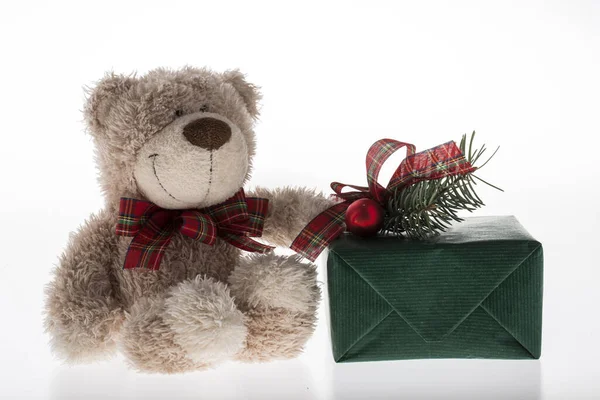 Xmas Teddy Bear Christmas Decoration White Background — Stock Photo, Image